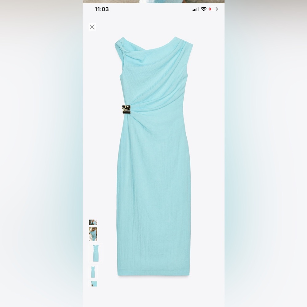 Zara twisted off shoulder blue linen midi dress with metal detail M